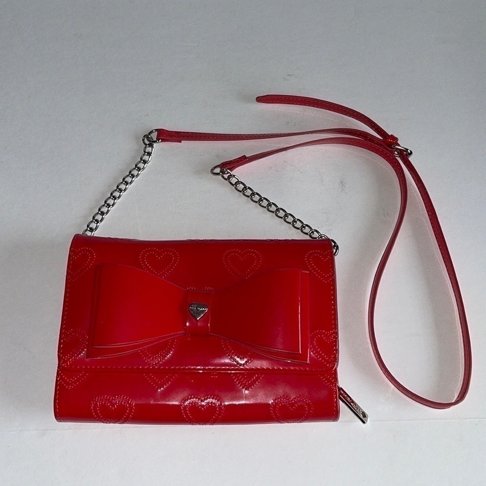 Betsy Johnson Red Heart Embossed Bow Detail Faux Patent Crossbody Bag